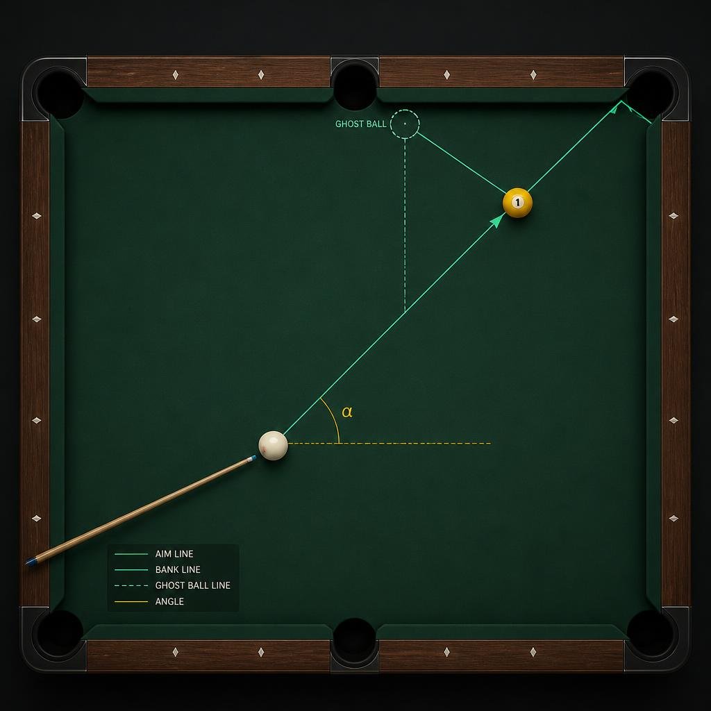 Diagrama de mira mostrando linha de tacada, bola fantasma e ângulo