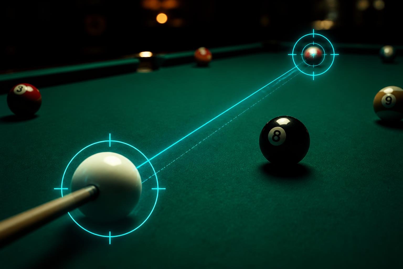 Mesa de sinuca com linhas de mira em neon apontando para a bola 8